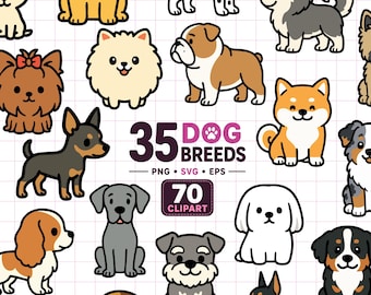 Kawaii Dog Clipart Bundle: 70 Puppy Graphics (PNG, EPS, SVG)