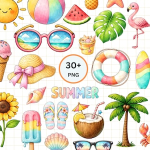 May include: A collection of colorful summer-themed illustrations. Includes a beach ball, sunglasses, a straw hat with a pink ribbon, a flamingo, a coconut drink, and the word "SUMMER". Also features a beach scene, a sunflower, and a popsicle.