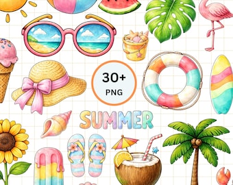 Watercolor Summer Clipart Bundle | Beach & Tropical PNGs (Commercial Use)