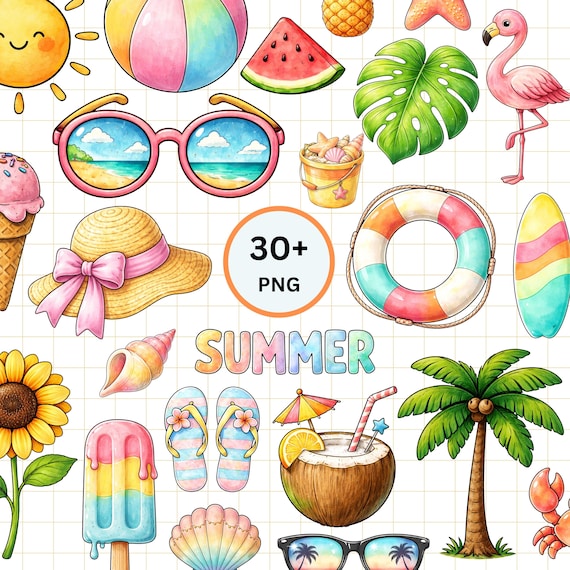 Watercolor Summer Clipart Bundle | Beach & Tropical PNGs (Commercial Use)