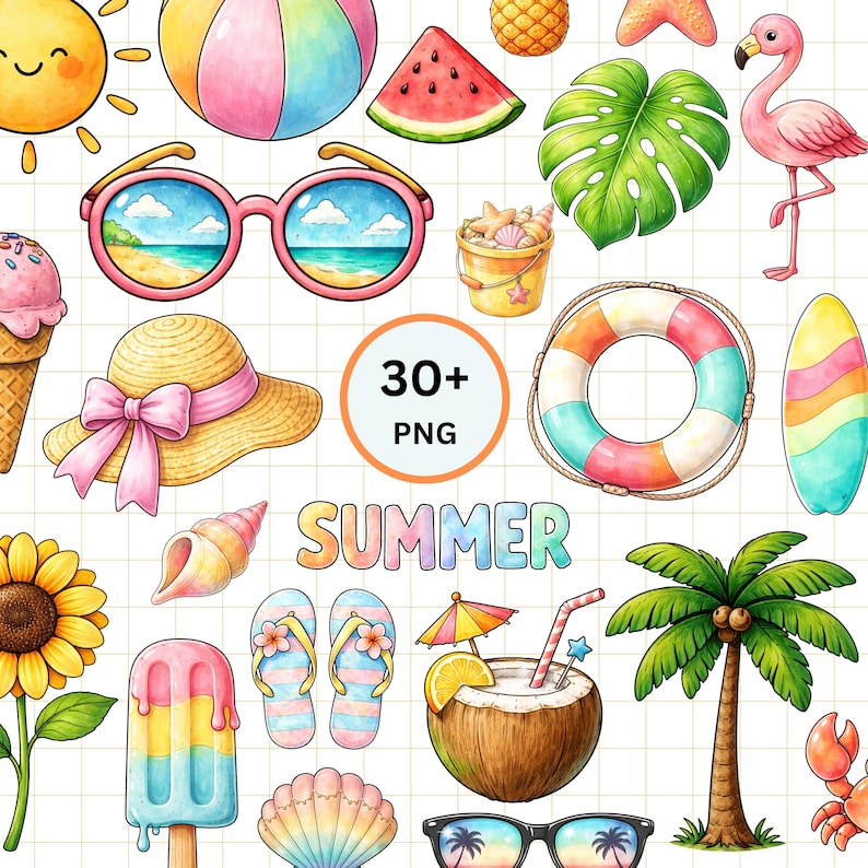 May include: A collection of colorful summer-themed illustrations. Includes a beach ball, sunglasses, a straw hat with a pink ribbon, a flamingo, a coconut drink, and the word "SUMMER". Also features a beach scene, a sunflower, and a popsicle.