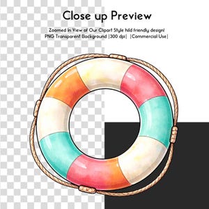 May include: A watercolor-style life preserver with segments of orange, white, pink, and teal. A brown rope encircles the buoy. Text at the top reads "Close up Preview" and other text below.