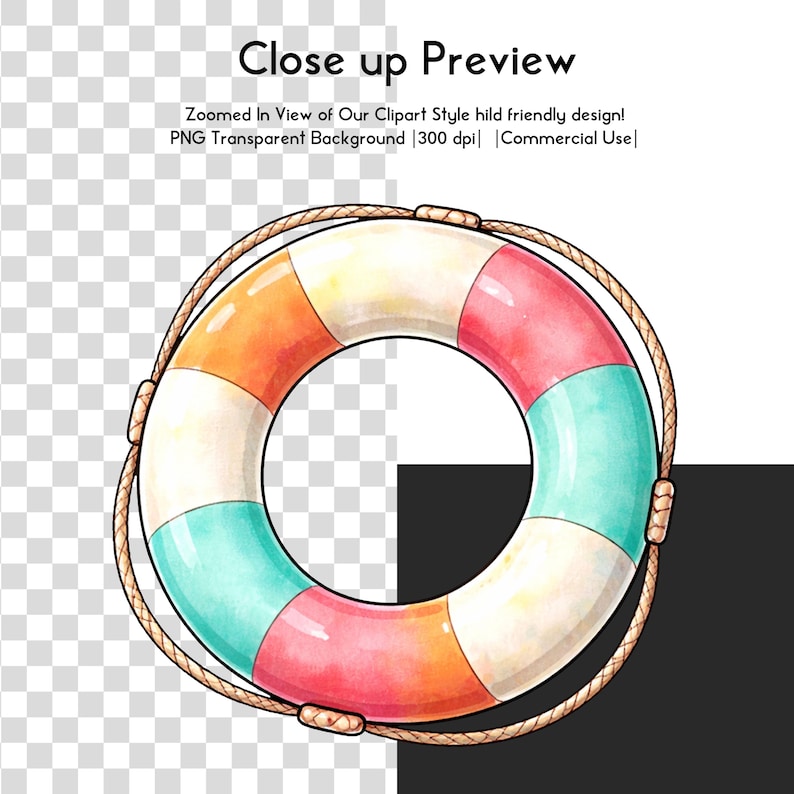 May include: A watercolor-style life preserver with segments of orange, white, pink, and teal. A brown rope encircles the buoy. Text at the top reads "Close up Preview" and other text below.