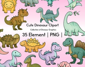 Watercolor Dinosaur Clipart Set | 35 Dino PNG Bundle (Digital Download)