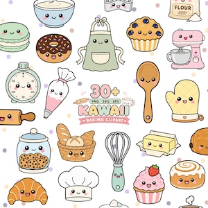Könnte beinhalten: Eine Sammlung von kawaii Back-Illustrationen mit einer Schüssel, Macaron, Donut, Schürze, Muffin, Mixer, Kurzzeitmesser, Spritzbeutel, Holzlöffel, Ofenhandschuh, Nudelholz, Keksglas, Brotkorb, Schneebesen, Butter, Kochmütze, Croissant und Cupcake.