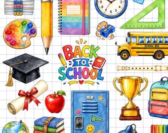 Watercolor School Clipart Bundle, Back To School PNG Graphics (40 Files)