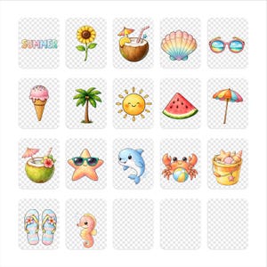 May include: A collection of colorful summer-themed illustrations. Includes a sunflower, coconut drink, seashell, sunglasses, ice cream cone, palm tree, smiling sun, watermelon slice, beach umbrella, coconut drink, starfish with sunglasses, dolphin, crab with a ball, bucket of shells, flip-flops, and a seahorse. The word "SUMMER" is also present.