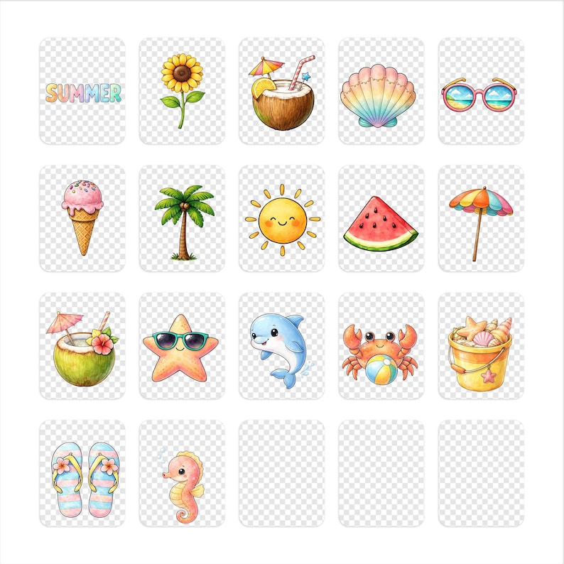 May include: A collection of colorful summer-themed illustrations. Includes a sunflower, coconut drink, seashell, sunglasses, ice cream cone, palm tree, smiling sun, watermelon slice, beach umbrella, coconut drink, starfish with sunglasses, dolphin, crab with a ball, bucket of shells, flip-flops, and a seahorse. The word "SUMMER" is also present.