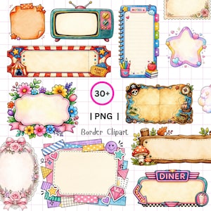 May include: A collection of colorful border clipart images, including a vintage television, notepad, circus banner, floral frame, pirate map, and diner sign. The image includes the text "30+ | PNG | Border Clipart."