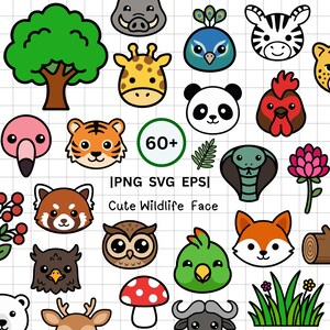 Puede incluir: Ilustraciones de caras de animales salvajes de estilo caricatura y coloridas. Incluye una jirafa, un panda, un tigre, un búho, un zorro y más. La imagen también contiene el texto "60+" y "Cute Wildlife Face".