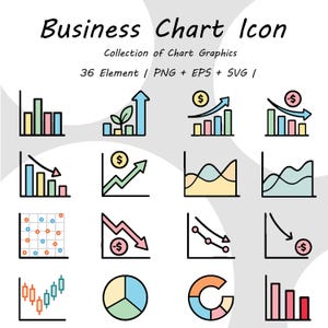 Könnte beinhalten: Eine Sammlung farbenfroher Geschäftschart-Icons, darunter Balkendiagramme, Liniendiagramme und Kreisdiagramme. Das Bild enthält den Text "Business Chart Icon" und "Collection of Chart Graphics". Die Icons sind im PNG-, EPS- und SVG-Format.