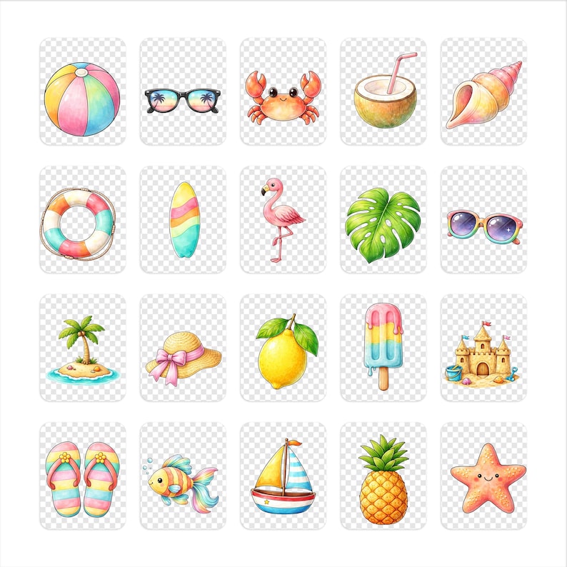 May include: A collection of colorful, hand-drawn summer-themed illustrations. Includes a beach ball, sunglasses, crab, coconut, seashell, life preserver, surfboard, flamingo, leaf, sunglasses, island, hat, lemon, popsicle, sandcastle, flip-flops, fish, sailboat, pineapple, and starfish.