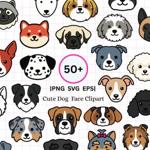 Könnte beinhalten: Ein Muster aus Cartoon-Hundegesichtern mit Rassen wie Dalmatiner, Shiba Inu und Boxer. Das Bild enthält den Text "50+" in einem rosa Kreis und "Cute Dog Face Clipart".