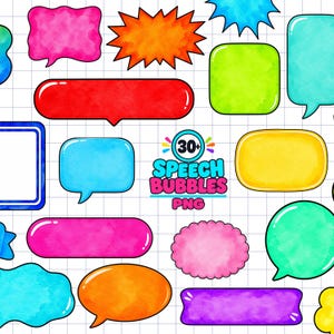 May include: A collection of colorful watercolor speech bubbles in various shapes and sizes, including rectangular, circular, and starburst designs. The text 30+ SPEECH BUBBLES PNG is centered among the vibrant pink, orange, red, green, blue, and purple elements.