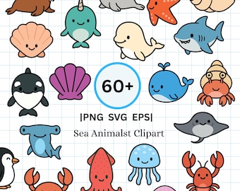 Kawaii Sea Animals Clipart Bundle: Ocean Creatures PNG + EPS (Digital Download)