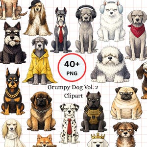 Könnte beinhalten: Eine Sammlung digitaler Illustrationen mit verschiedenen Rassen von grummeligen Hunden. Jeder Hund wird mit einem unverwechselbaren Ausdruck und Stil dargestellt, einige tragen Accessoires wie Kopfhörer, Bandanas und Regenmäntel. Das Bild enthält den Text "40+ PNG" und "Grumpy Dog Vol. 2 Clipart."