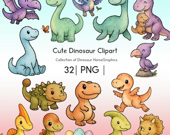Watercolor Dinosaur Clipart Bundle: 32 PNG Ink Tracing Dinos (Commercial Use)