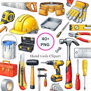 Hand Tools Clipart Bundle, Watercolor Construction Illustrations (40+ PNG)
