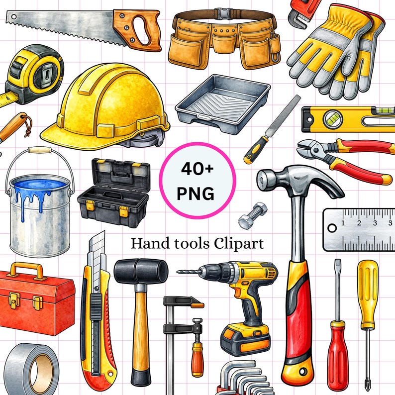 Hand Tools Clipart Bundle, Watercolor Construction Illustrations (40 ...