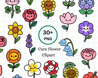 Flower Clipart - 30+ PNG Floral Graphics, Kawaii Flower Illustrations (Digital Download