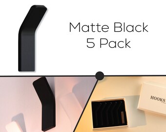 Set of 5 Frosted Matte Black Hooks - Elegant & Modern Adhesive Mount, Towel Rack, Coat Hanger, Wall Decor