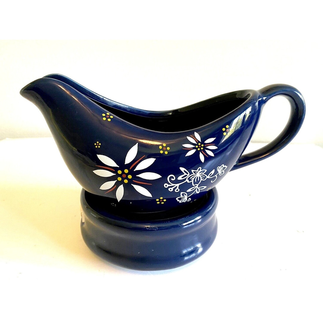 Temptations Gravy Boat With Warmer Base Black White Flower Pattern