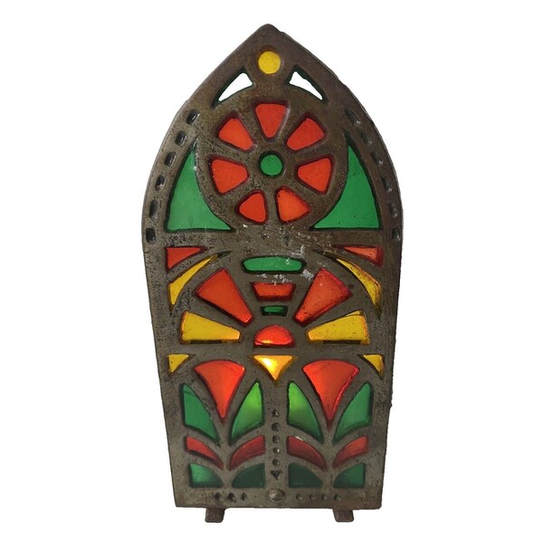 Tea Candle Holder Vintage Cast Iron Stained Glass Cathedral Window Red Green