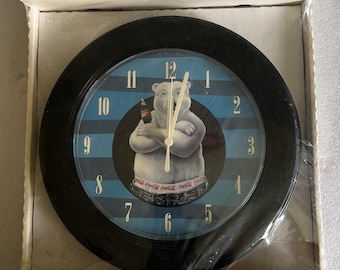 Reloj de pared decorativo vintage de Coca-Cola con diseño de oso polar, nuevo en caja. Publicidad de Coca-Cola.