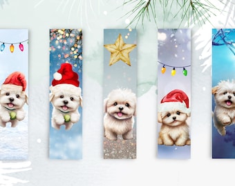 May include: Five Christmas-themed bookmarks featuring white dogs wearing Santa hats. Each bookmark has a different design, including a star, lights, and snow.
