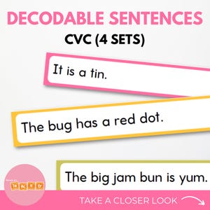May include: A set of colorful flashcards with the text "DECODABLE SENTENCES CVC (4 SETS)" at the top. The flashcards have sentences written on them, such as "It is a tin." and "The bug has a red dot."