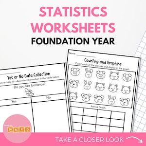 Può includere: Fogli di lavoro stampabili in bianco e nero per gli studenti del primo anno. I fogli di lavoro includono una tabella di raccolta dati con la domanda "Ti piacciono le banane?" e un'attività di conteggio e rappresentazione grafica con varie illustrazioni di animali.