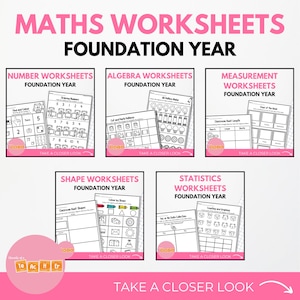 Puede incluir: Un conjunto de seis hojas de trabajo imprimibles coloridas para el año de fundación de matemáticas, que cubren temas como el reconocimiento de números, álgebra, medición, formas y estadísticas. Cada hoja de trabajo tiene un título y una etiqueta "Echa un vistazo más de cerca".