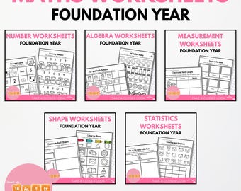 Hojas de trabajo de matemáticas para jardín de infantes - AÑO COMPLETO - Año de base, currículo australiano - Números, formas, patrones, datos, medición