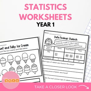 May include: Black and white worksheet for first grade students to learn about statistics. The worksheet includes a table with tally marks to count different types of rubbish found around a school. The worksheet also includes a section for students to count and tally ice cream cones.