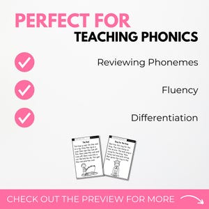 May include: A checklist with three checkmarks next to the words "Reviewing Phonemes", "Fluency", and "Differentiation". Below the checklist are two black and white images of children's books. The first book is titled "The Rod" and the second book is titled "Ring for the King".