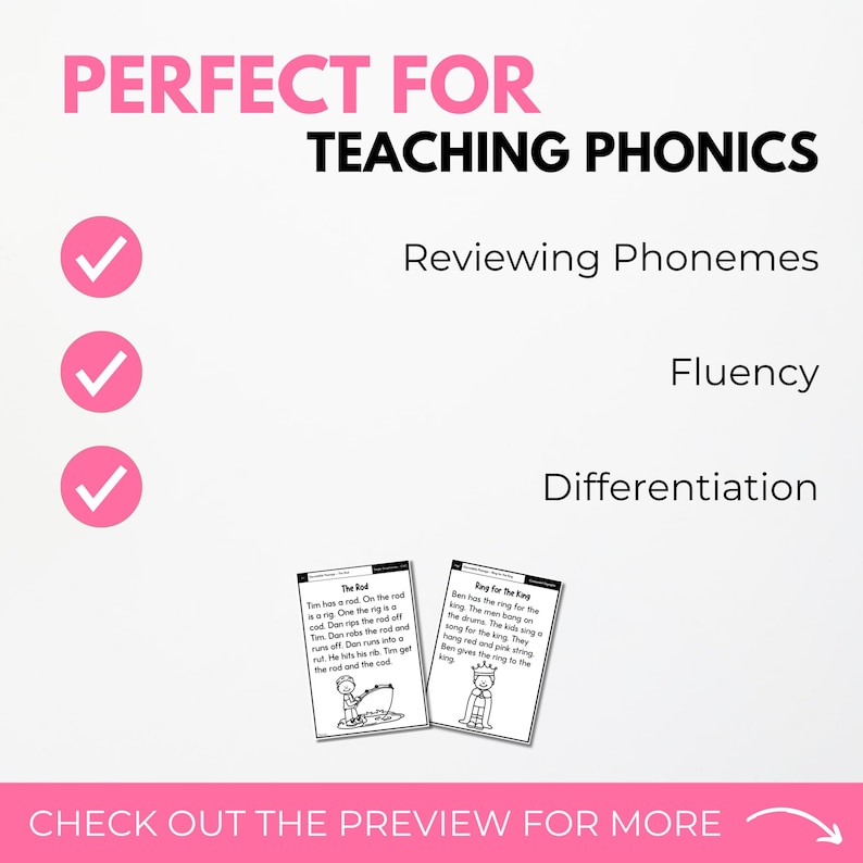 May include: A checklist with three checkmarks next to the words "Reviewing Phonemes", "Fluency", and "Differentiation". Below the checklist are two black and white images of children's books. The first book is titled "The Rod" and the second book is titled "Ring for the King".