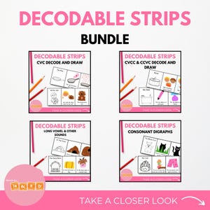 May include: A bundle of four printable sets of decodable strips for teaching phonics. Each set includes a different focus: CVC decode and draw, CVCC & CCVC decode and draw, long vowel and other sounds, and consonant digraphs. Each set features colourful illustrations and the text "Take a closer look".