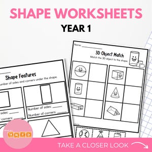 Könnte beinhalten: Schwarzweißes Arbeitsblatt zum Ausdrucken für Erstklässler. Das Arbeitsblatt besteht aus zwei Abschnitten. Der erste Abschnitt heißt "Formenmerkmale" und fordert die Schüler auf, die Anzahl der Seiten und Ecken verschiedener Formen zu zählen. Der zweite Abschnitt heißt "3D-Objekt-Zuordnung" und fordert die Schüler auf, 3D-Objekte ihren entsprechenden 2D-Formen zuzuordnen.