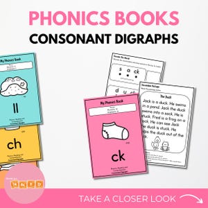 Könnte beinhalten: Vier druckbare Phonetik-Buchcover mit bunten Hintergründen und Schwarzweißillustrationen. Die Cover konzentrieren sich auf Konsonanten-Digraphen: ll, ch, ck, und der Text "Mein Phonetik-Buch" steht auf jedem Cover.