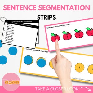 May include: Sentence segmentation strips for teaching phonics. The strips feature apples, circles, and numbers. The text on the strips reads "Sentence Segmentation Strip".