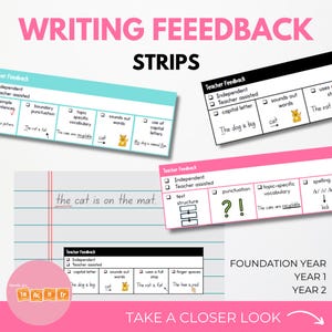 May include: A set of colourful printable writing feedback strips for teachers. The strips are divided into sections with checkboxes for independent and teacher-assisted feedback. The strips include topics such as punctuation, vocabulary, spelling, and text structure. The strips also include illustrations of a cat, a rat, and a hen.