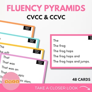 Könnte beinhalten: Ein Satz von 48 bunten Lernkarten mit einer pyramidenförmigen Fließfähigkeitsaktivität zum Unterrichten von CVCC- und CCVC-Wörtern. Die Karten zeigen eine rosa Karte mit dem Text "The frog hops and jumps."