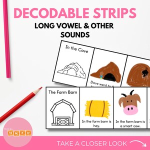May include: A set of printable educational flashcards for children featuring black and white illustrations of a cave, a barn, hay, and a cow. The text on the cards reads "In the Cave", "Dave went to", "The Farm Barn", "In the farm barn is hay", and "In the farm barn is a smart cow".