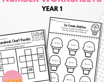 Hojas de trabajo de primer grado - AÑO COMPLETO - Año 1, plan de estudios australiano: suma, resta, representación de números y más
