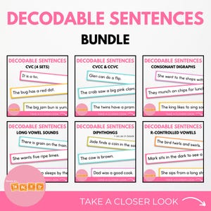 Può includere: Un pacchetto di flashcard di frasi decodificabili per i primi lettori. Le carte sono organizzate per concetti fonetici, tra cui CVC, CVCC, digrafi e vocali lunghe. Ogni carta presenta una frase con un'illustrazione corrispondente. Il testo "Take a Closer Look" è visibile.