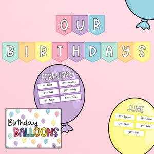 Exhibición de globos de cumpleaños para el aula - Decoración del aula - Pósteres de cumpleaños en tonos pastel - Editables
