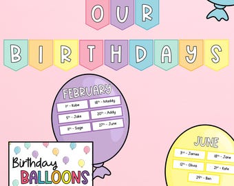 Exhibición de globos de cumpleaños para el aula - Decoración del aula - Pósteres de cumpleaños en tonos pastel - Editables