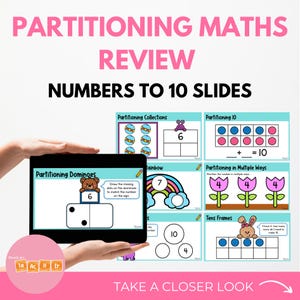 May include: A digital resource for teaching partitioning math concepts to young learners. The resource includes 10 slides with various activities, such as partitioning collections, dominoes, and tens frames. The slides feature colorful illustrations and engaging characters.