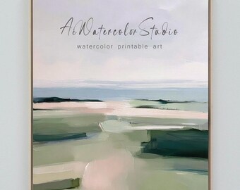 Minimalist Abstract Landscape Print | Coastal Green Wall Art | Modern Neutral Home Decor | Digital Download