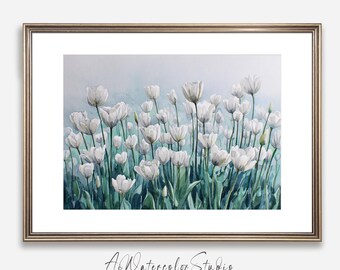 Impression aquarelle de tulipes blanches | Art mural horizontal | Peinture florale botanique | Décoration florale minimaliste | Téléchargement numérique